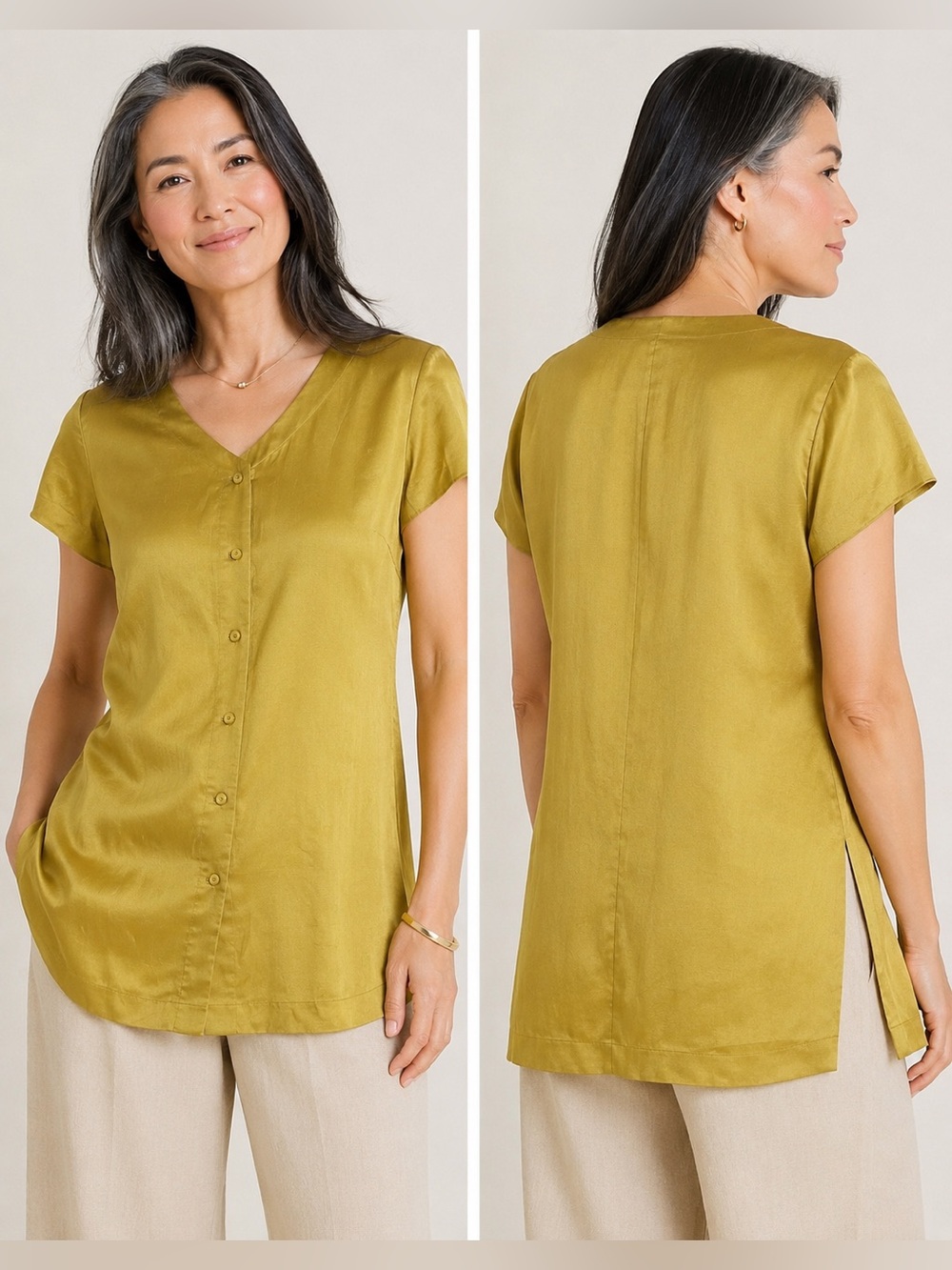Eileen Fisher Petite 100% Silk Button Front Tunic Blouse Olive Gold PS
